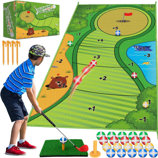 Toddler Golf Club Set with Chipping Golf Game Mat,Indoor Outdoor Backyard Stick Chip Play Equipment Games Gift Toys for 3 4 5 6 7 8 9 10 11 12 Year Old Boys Girls Kids Adult,Birthday Gifts