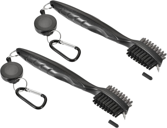 2 Pack Golf Club Brush - Golf Club Groove Cleaner Zip-line Dual Sided Bristle Cleaning Tools with Clip, Retractable, Apply to Outdoor (Black)